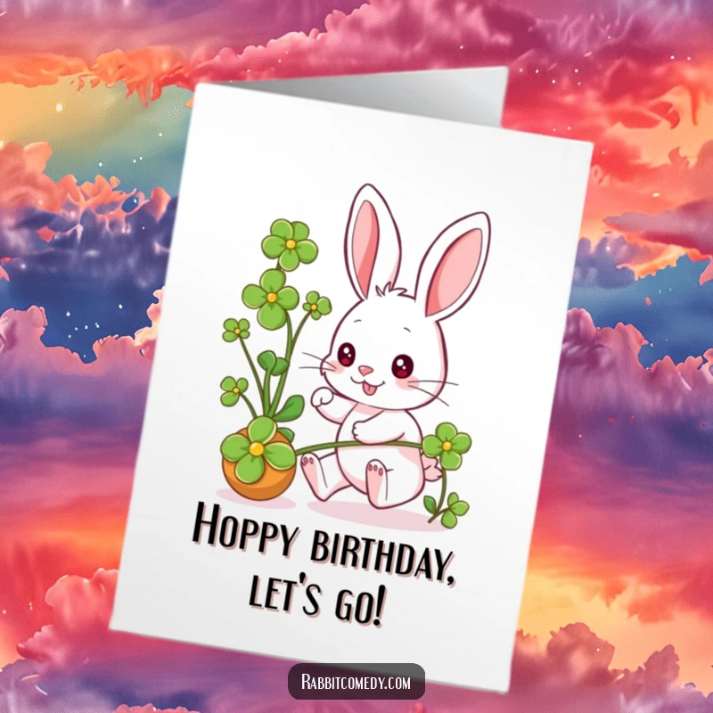 Funny Free Printable Birthday Card: Rabbit gleefully chases a rolling clover, eyes wide with playful excitement.