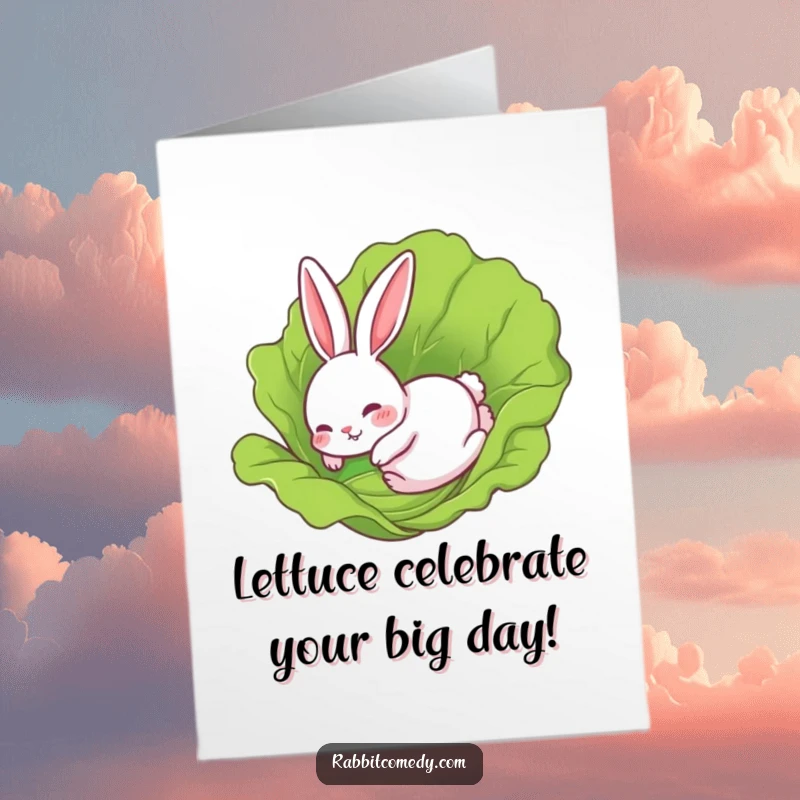 Funny Free Printable Birthday Card: Rabbit comically sliding on a giant lettuce leaf, a hilarious DIY birthday wish.