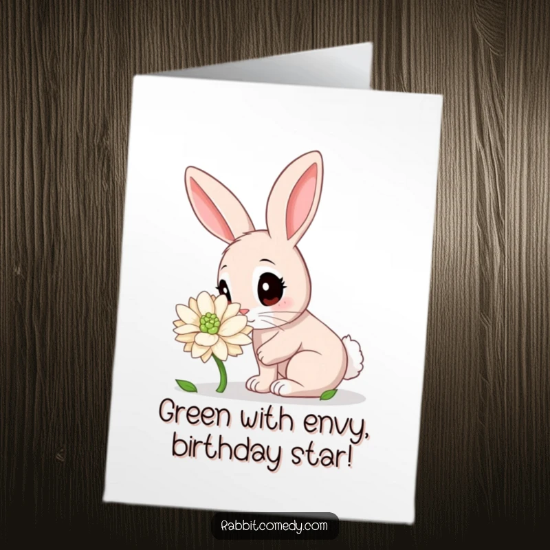 Funny Free Printable Birthday Card: Wide-eyed rabbit curiously sniffing a giant, dew-kissed clover, perfect DIY gift.