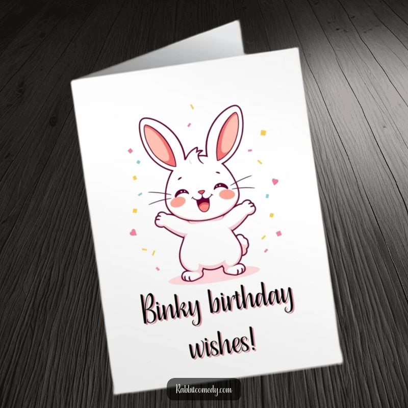 Funny Free Printable Birthday Card: A happy rabbit character binkies with excitement, leaving a cloud of confetti, celebrating joyfully.