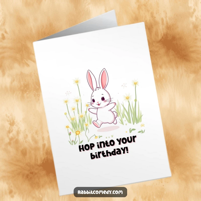 Funny Free Printable Birthday Card: A rabbit character playfully hopping through a field of giant, sparkling dandelions.