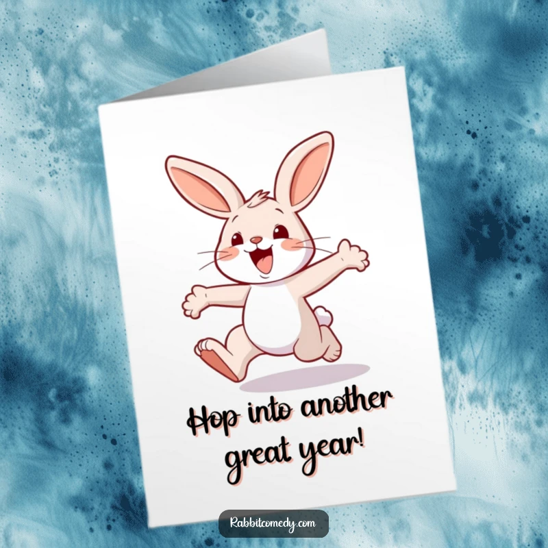 Funny Free Printable birthday card featuring a rabbit character leaping high with exaggerated, joyful hops and a wide grin.