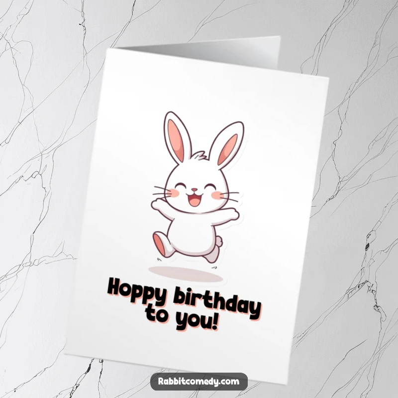 Funny Free Printable Birthday Card: A joyful rabbit hops with ears high, spreading birthday cheer. Perfect for a downloadable greeting.