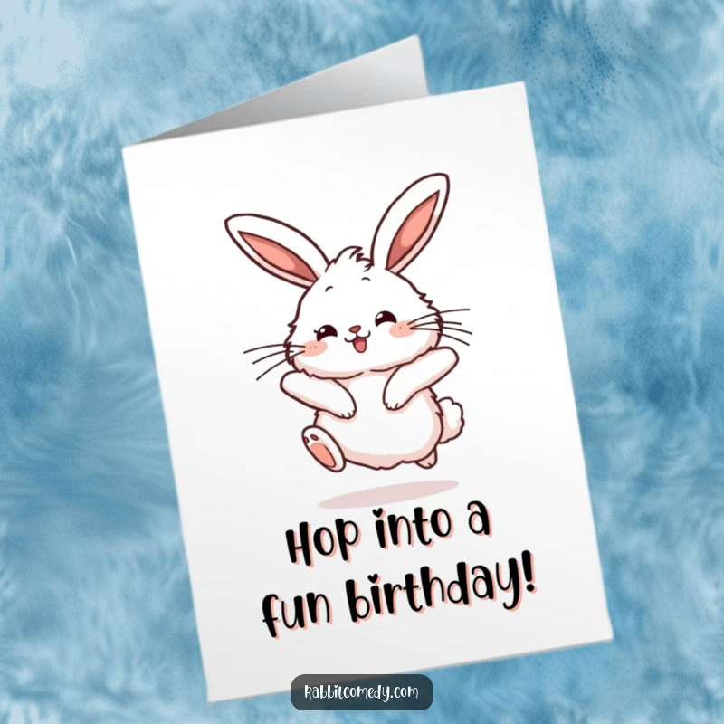 Free Printable Birthday Card, fluffy rabbit character with long ears twitching, mid-hop with a joyful bounce, celebrating happily.