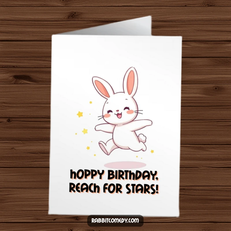 Funny Free Printable Birthday Card: Rabbit in a joyful leap, leaving a trail of shimmering star dust, symbolizing celebration.
