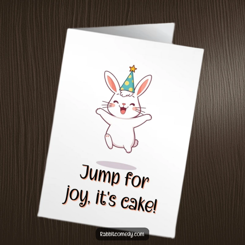 Funny free printable birthday card featuring a rabbit in a party hat doing a silly, energetic jump, celebrating with pure glee.