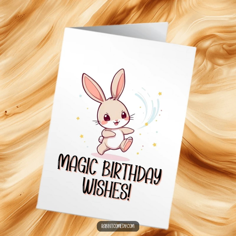 Funny Free Printable Birthday Card: A playful rabbit chasing a swirling vortex of glittering magical dust with excitement.