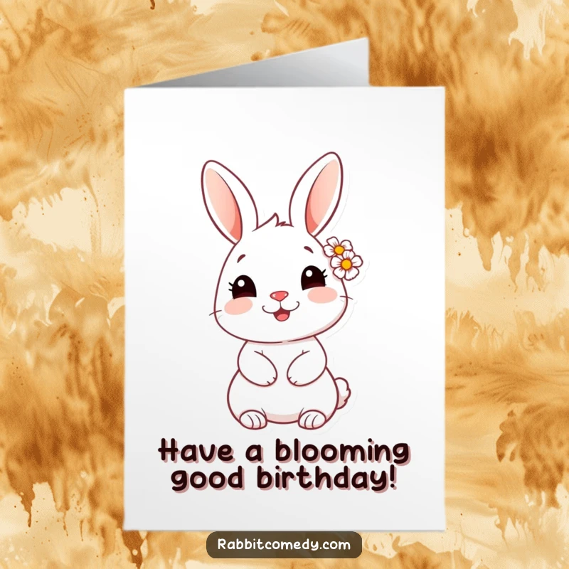 Free Printable Birthday Card: A rabbit with a daisy behind its ear offers a sweet, gentle smile.