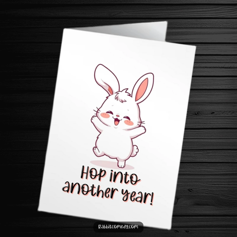 Funny Free Printable Birthday Card: A fluffy rabbit character enthusiastically doing a silly dance with its ears flopping wildly.