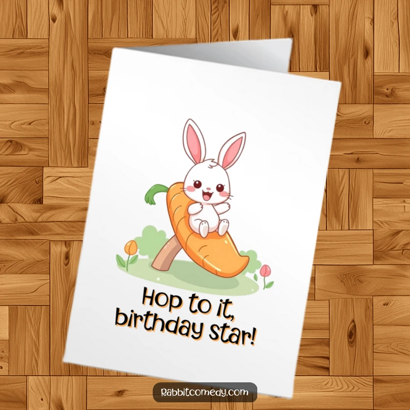 Funny Free Printable Birthday Card: Giddy rabbit joyfully slides down a giant carrot slide, ready for laughs.