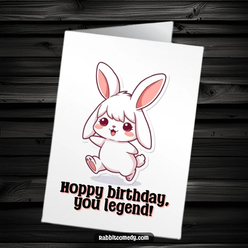 Funny Free Printable Birthday Card: A cute rabbit character with long, floppy ears enthusiastically doing a happy, bouncing hop.