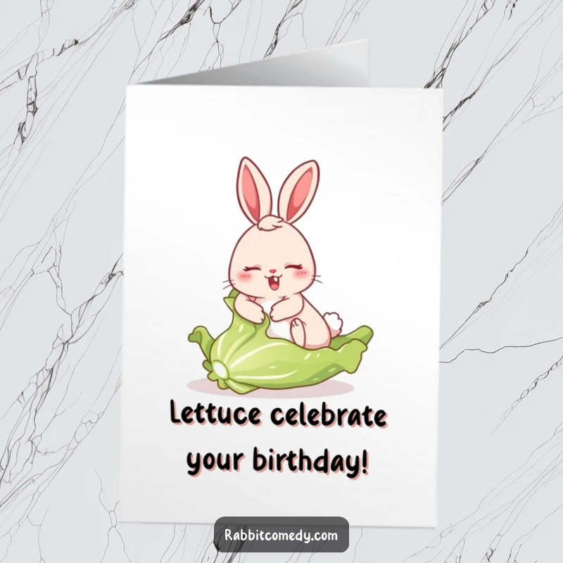 Funny Free Printable Birthday Card: A rabbit character comically sliding on a freshly picked lettuce leaf with a surprised expression.