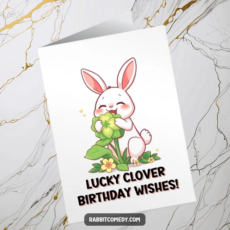 Funny Free Printable Birthday Card: A rabbit character happily munching on a giant, magically glowing clover.