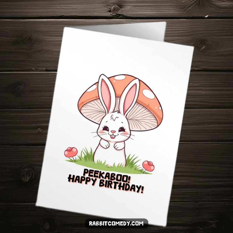 Funny Free Printable Birthday Card: A rabbit peeking from behind a striped mushroom with a mischievous grin.
