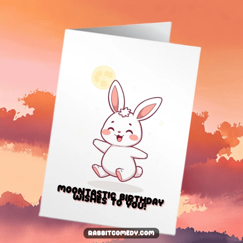 Joyful free printable birthday card: A gleeful rabbit spins happily beneath a glittering moon.