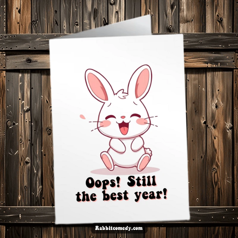 Funny free printable birthday card showing a rabbit stumbling comically but recovering with a delighted squeak, perfect for a laugh.