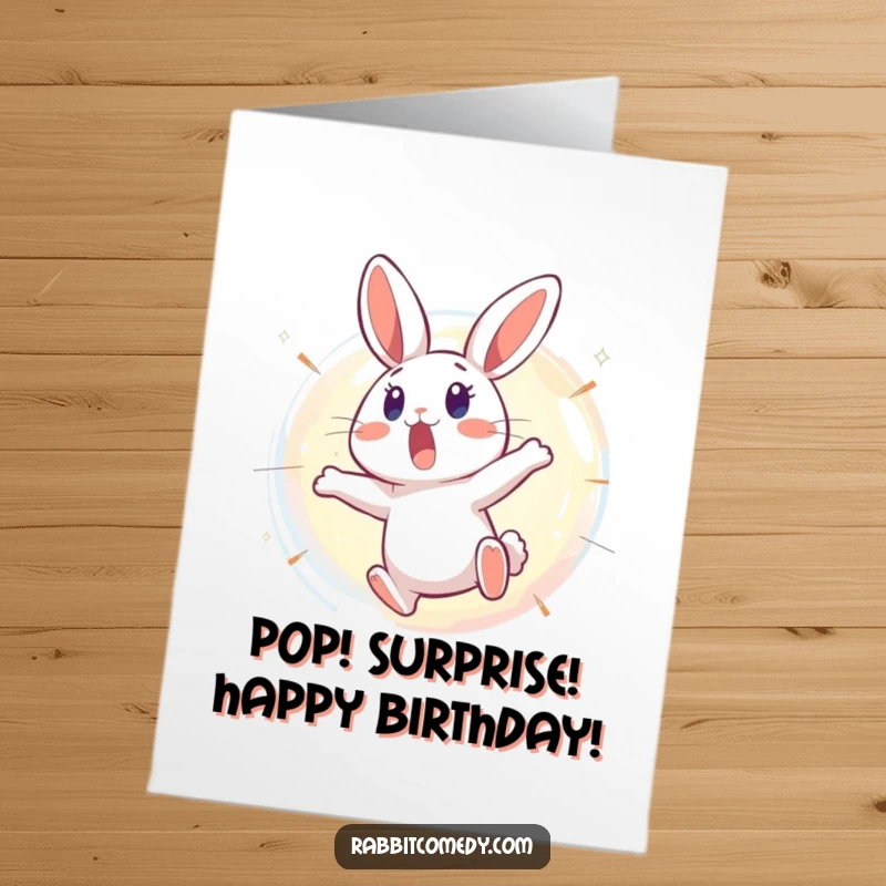 Funny Free Printable Birthday Card: A surprised rabbit character leaping backward from a bursting, shimmering bubble, a comical birthday scene.