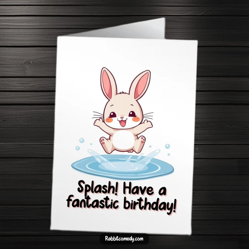 Funny Free Printable Birthday Card featuring a rabbit dramatically leaping over a sparkling puddle with a happy splash.