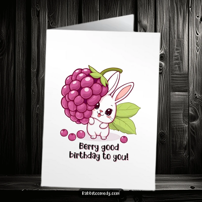 Funny free printable birthday card: A surprised rabbit peeks from behind a giant, wobbly berry.