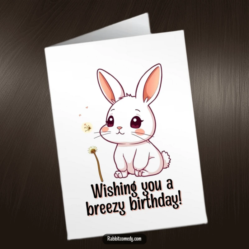 Free Printable Birthday Card: A rabbit with perked ears and a curious look watches a single dandelion seed float by.