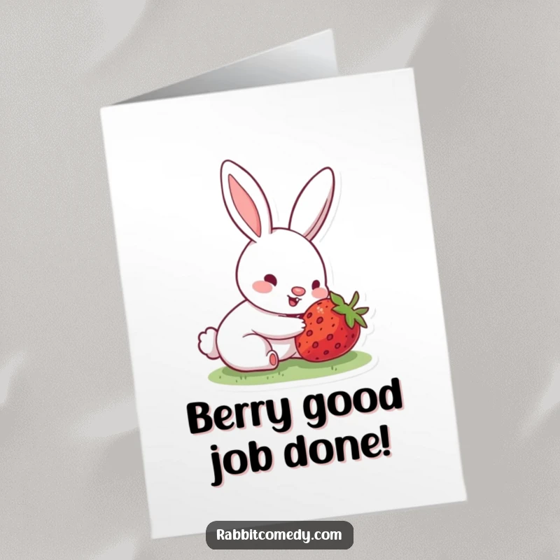 Funny Free Printable Congrats Card: A rabbit with a twitching nose excitedly discovers a juicy strawberry.