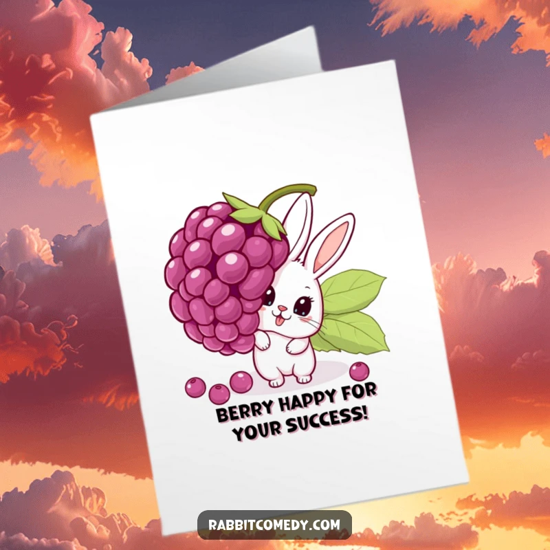 Funny free printable congratulations card: A rabbit shocked behind a massive, wobbling berry.