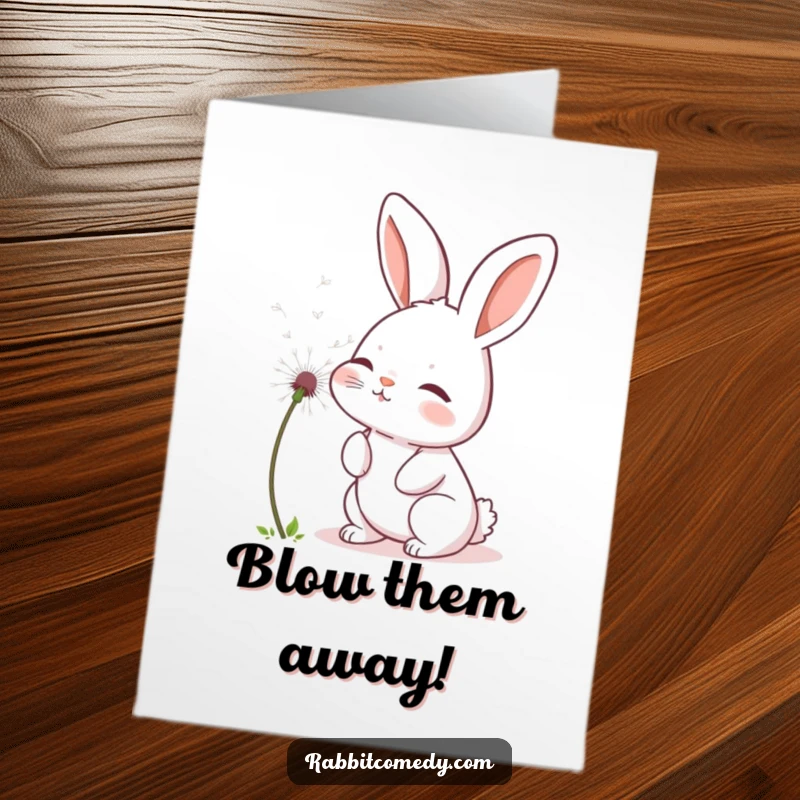 Funny Free Printable Congrats Card: Rabbit character gently blowing a dandelion seed, lovely downloadable gift.