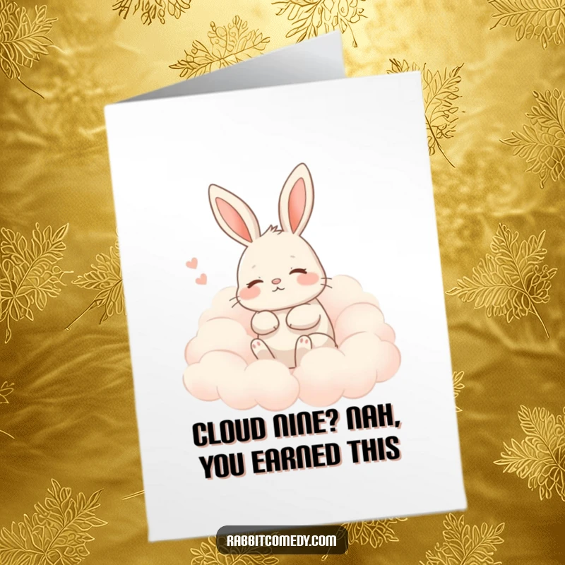 Funny Free Printable Congratulations Card: Serene rabbit sighing contentedly nestled in soft clouds, a symbol of sweet success.
