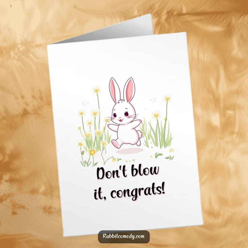 Funny Free Printable Congrats Card: A gleeful rabbit hopping amidst oversized, glittering dandelions.