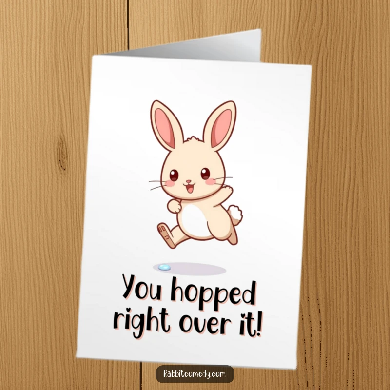 Funny Free Printable Congratulations Card: Excited rabbit energetically hopping over a sparkling dewdrop, symbolizing achievement.