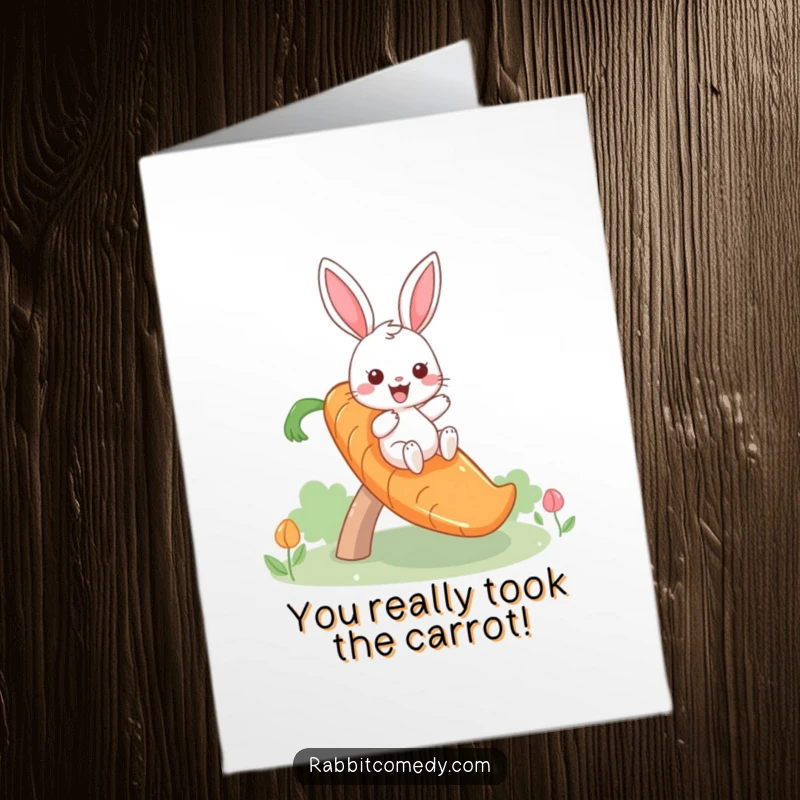 Funny Free Printable Congrats Card: Giddy rabbit speeds down a carrot slide, celebrating success with pure delight.
