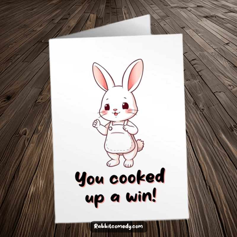 Funny Free Printable Congrats Card: A sweet rabbit chef with an apron, offering help and congratulations. A cheerful downloadable greeting.