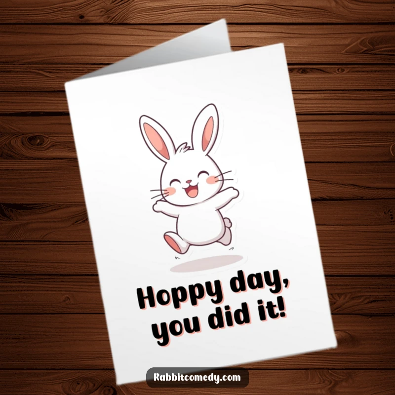 Funny Free Printable Congratulations Card: A joyful rabbit hops energetically, celebrating success. Great for a downloadable gift.