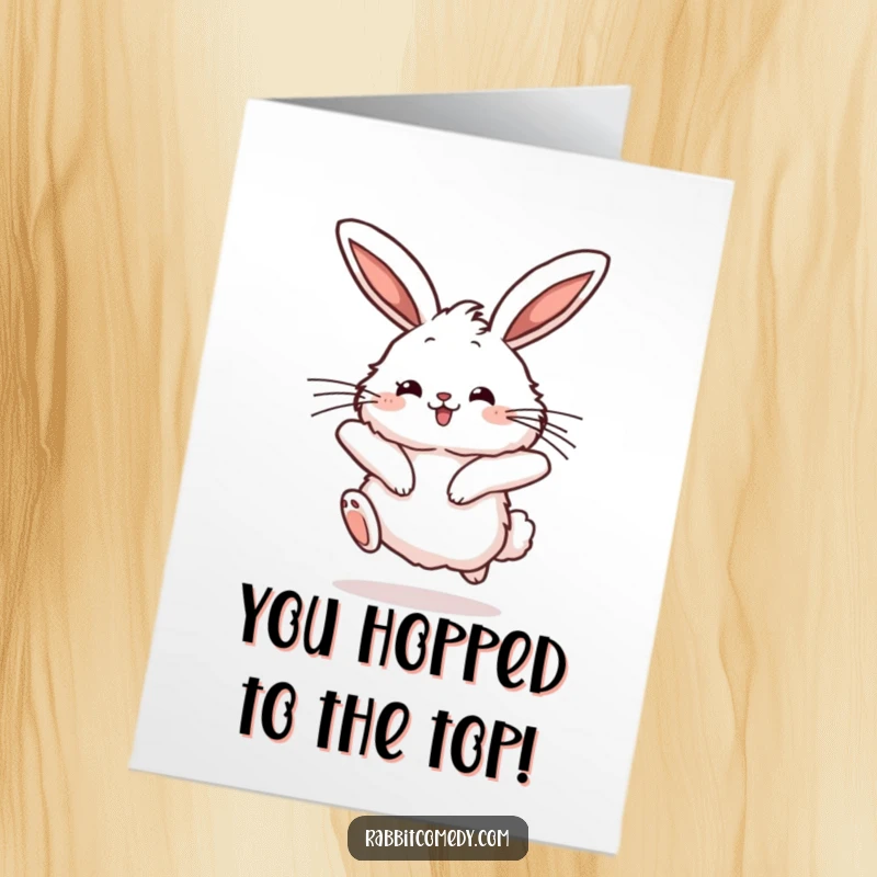 Free Printable Congratulations Card, fluffy rabbit with twitching ears, captured mid-hop with a joyful bounce, celebrating good news.
