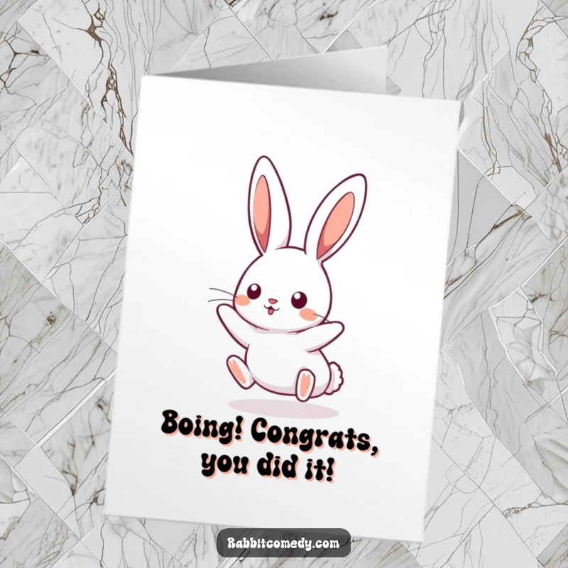 Funny Free Printable Congratulations Card: A kawaii rabbit with perked ears in a fun, bouncy mid-air leap.