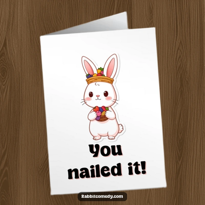 Funny Free Printable Congratulations Card: A rabbit skillfully balancing a basket brimming with colorful, ripe berries on its head.