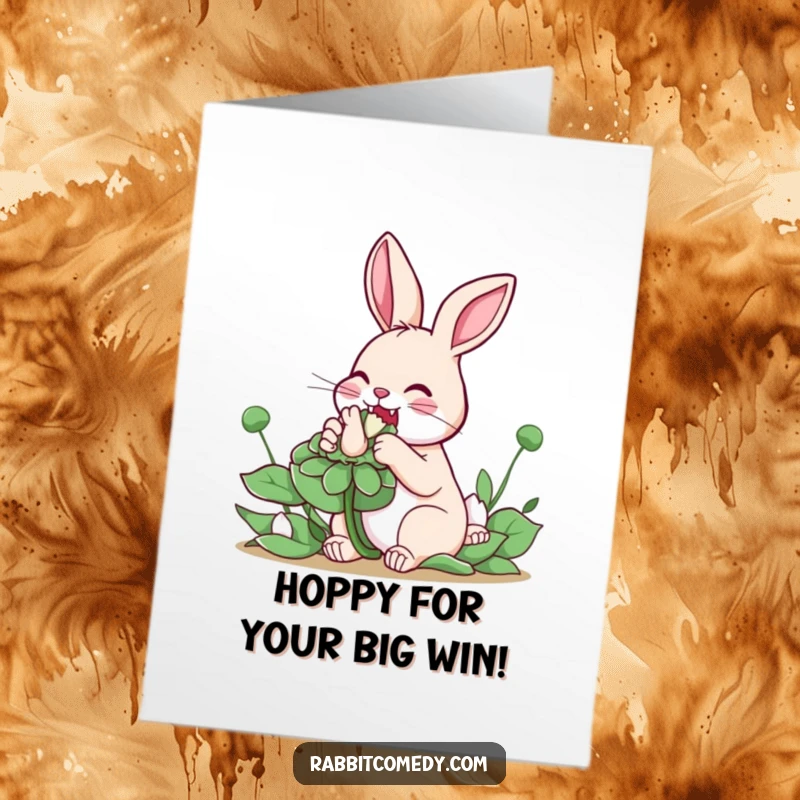 Funny Free Printable Congratulations Card: A rabbit enthusiastically eats a huge clover, celebrating your wonderful success. Pure joy.
