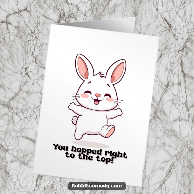 Funny Free Printable Congrats Card: A rabbit with a twitching nose performing a wildly energetic hop, celebrating success. A joyful downloadable greeting.