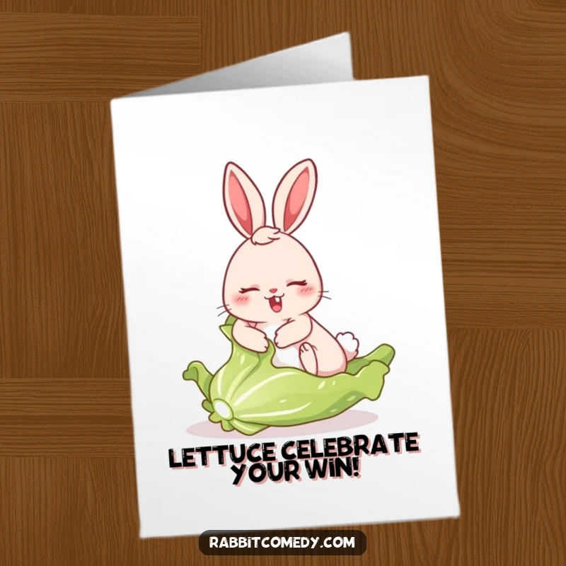Free Printable Congratulations Card: A rabbit character comically sliding on a freshly picked lettuce leaf, celebrating an unexpected win.