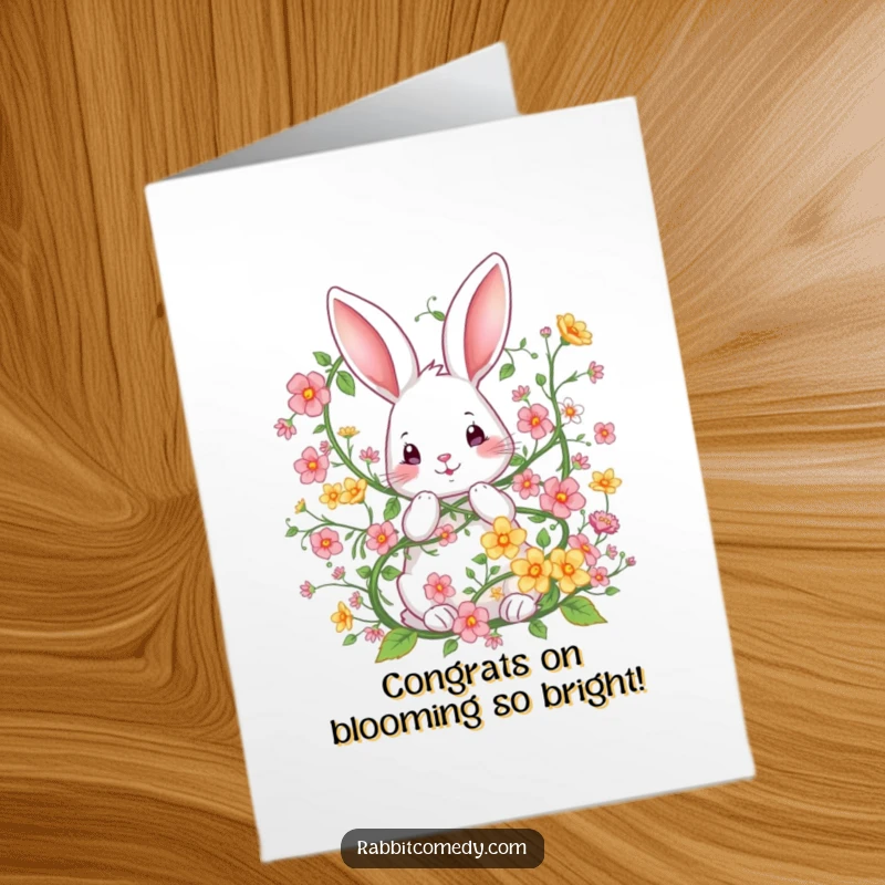 Funny Free Printable Congratulations Card: A rabbit is humorously caught in a flower vine, a playful way to say congrats with a DIY gift.