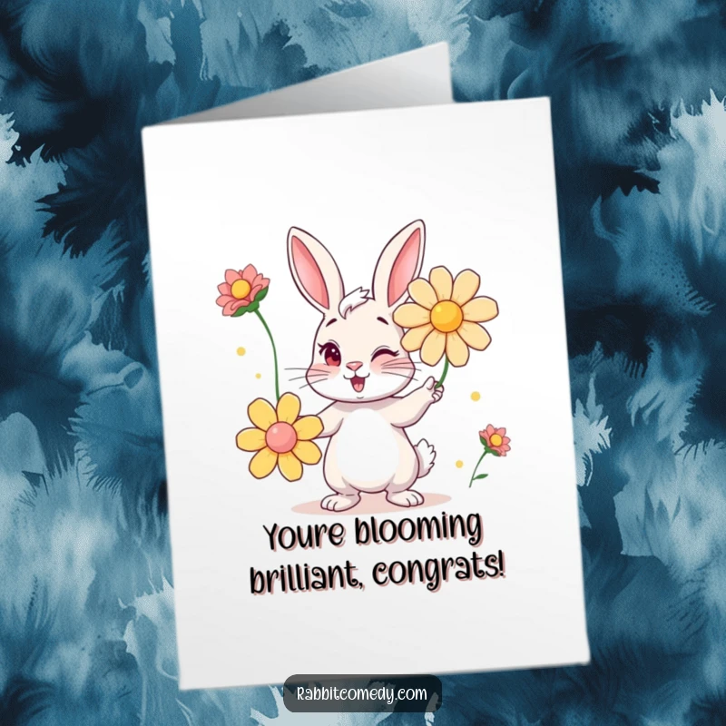 Funny Free Printable Congrats Card: Mischievous rabbit winks playfully while juggling a vibrant bouquet of oversized flowers.