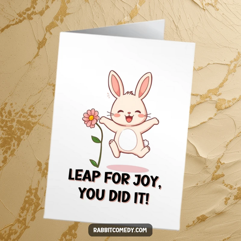 Funny Free Printable Congratulations Card: A rabbit performing an energetic leap, holding a flower, beaming with happiness.