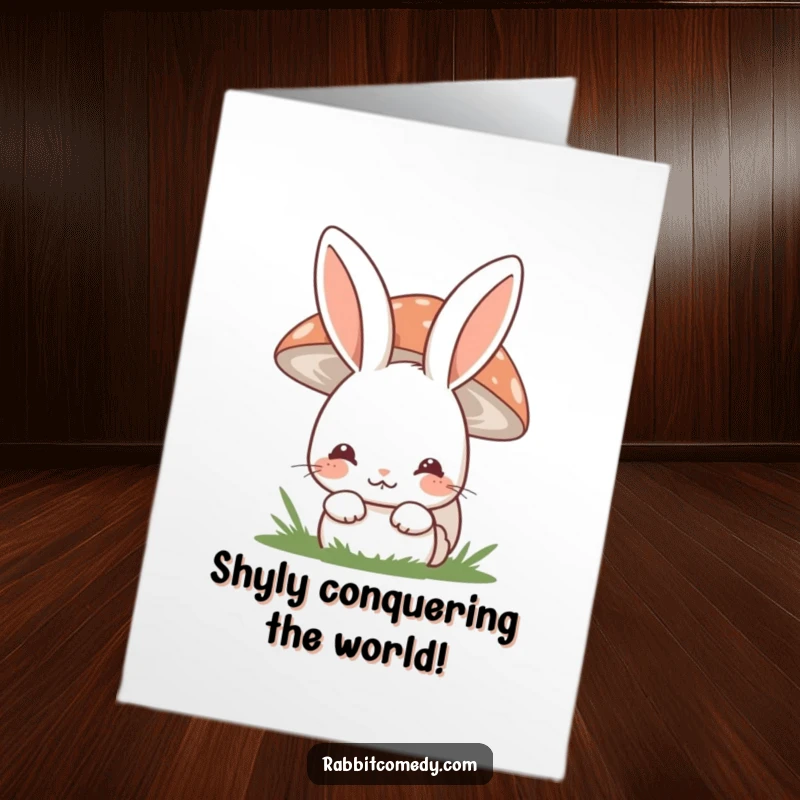 Funny Free Printable Congratulations Card: A shy rabbit with a gentle smile hiding partially behind a colorful mushroom.