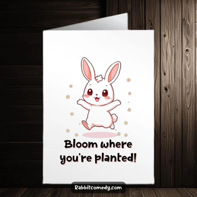 Funny Free Printable Congratulations Card: An overjoyed rabbit character leaps with excitement, scattering tiny blossoms in a joyous display.