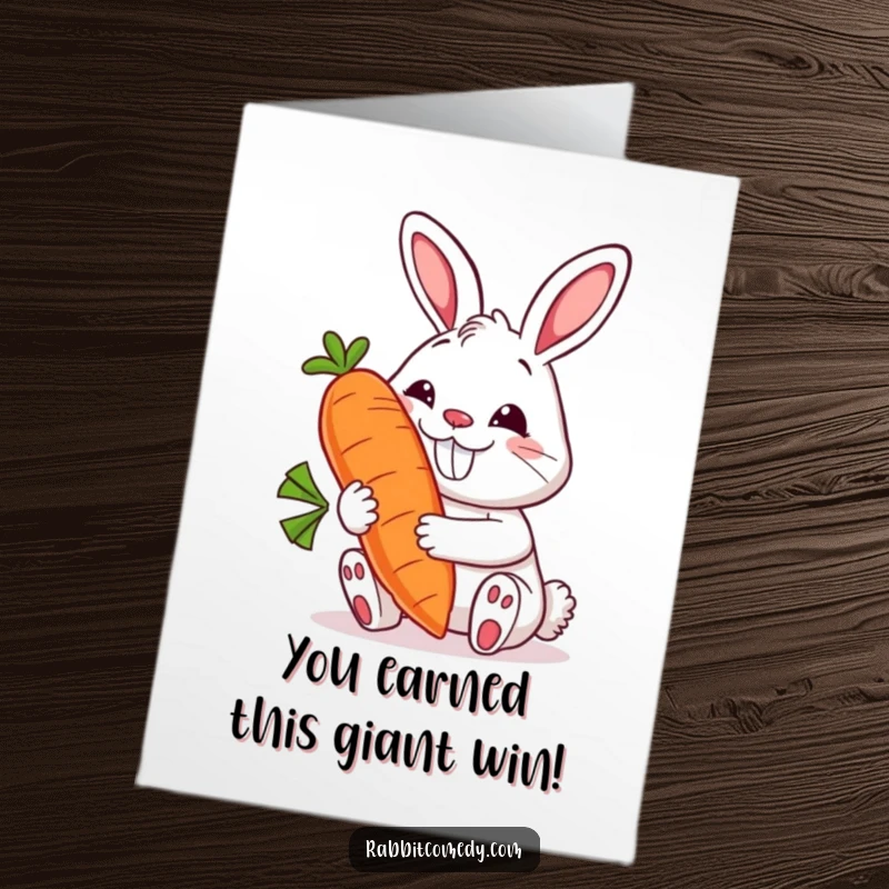 Funny Free Printable Congratulations Card: A grinning rabbit character clutches a comically large, smiling carrot in celebration of success.