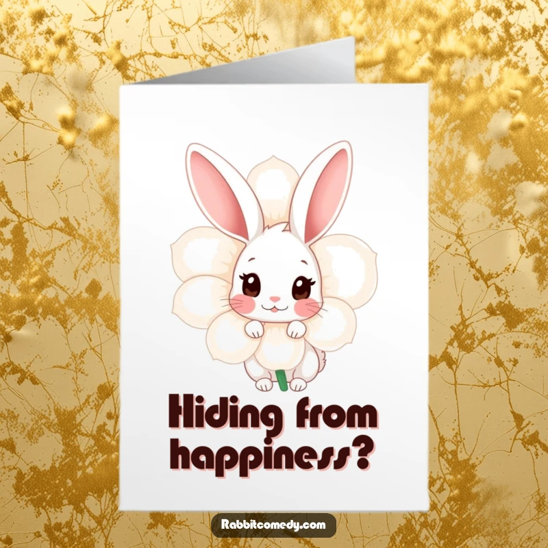 Funny Free Printable Congratulations Card: A timid rabbit peeks curiously from a large flower, sharing in your happy news.
