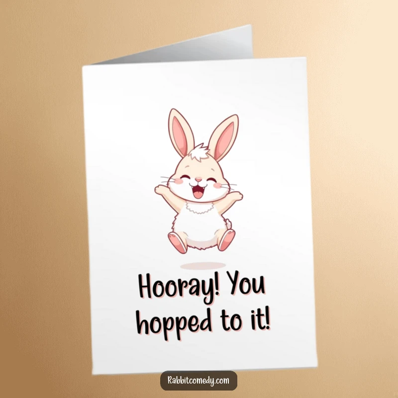 Funny free printable congratulations card showing a fluffy rabbit with long ears hopping with pure joy and excitement.