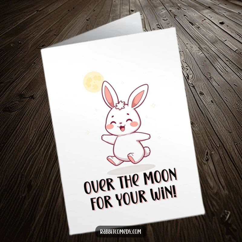 Cheerful free printable congratulations card: A happy rabbit twirling under a sparkling moon.