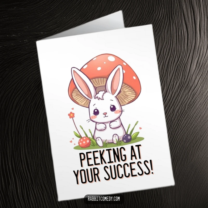 Funny Free Printable Congrats Card: Rabbit character curiously peeking from behind a mushroom, delightful downloadable gift.
