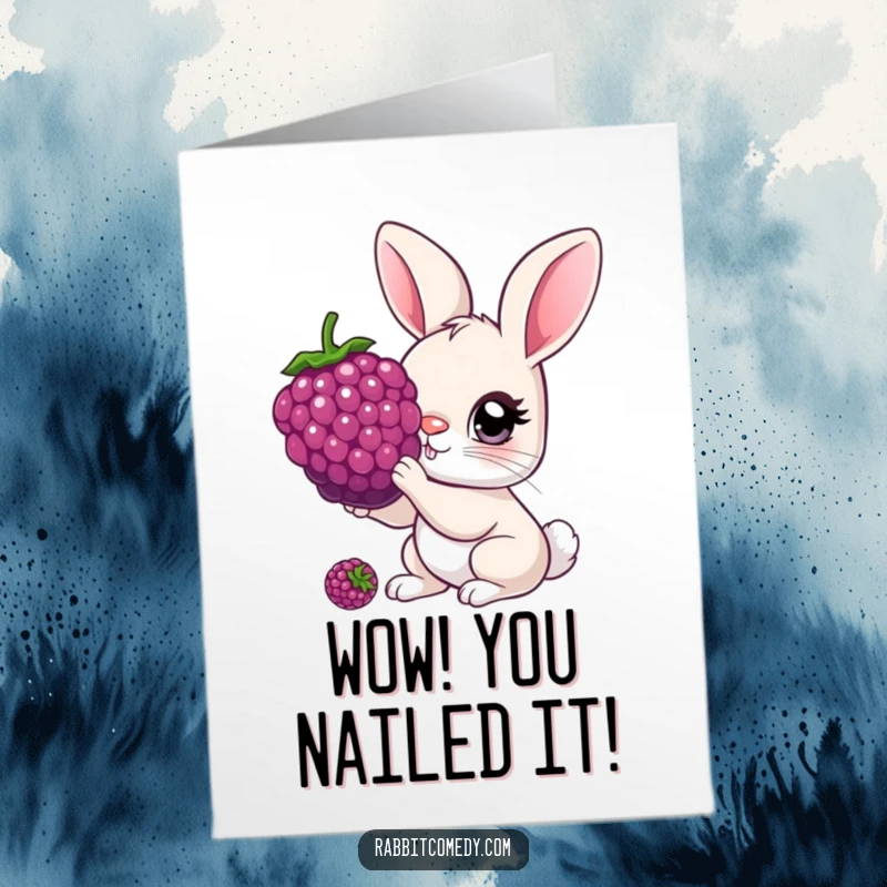 Funny free printable congratulations card of a rabbit with oversized curious eyes savoring a huge berry.